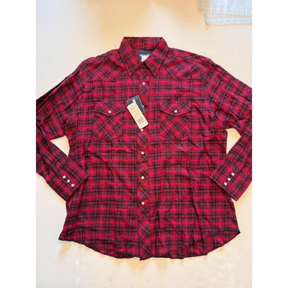 Wrangler Mens Red Black Plaid Western Snap Long Sleeve Shirt XL 75098AA NWT